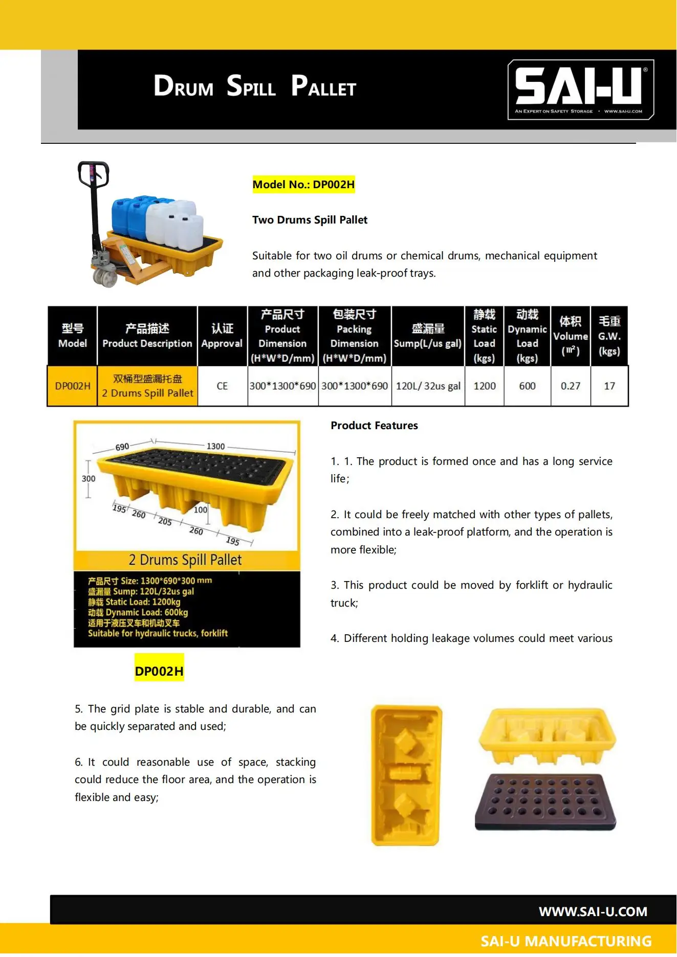 SAI-U Factory Price Spill containment plastic pallets for oil made in PE protective product DP002H