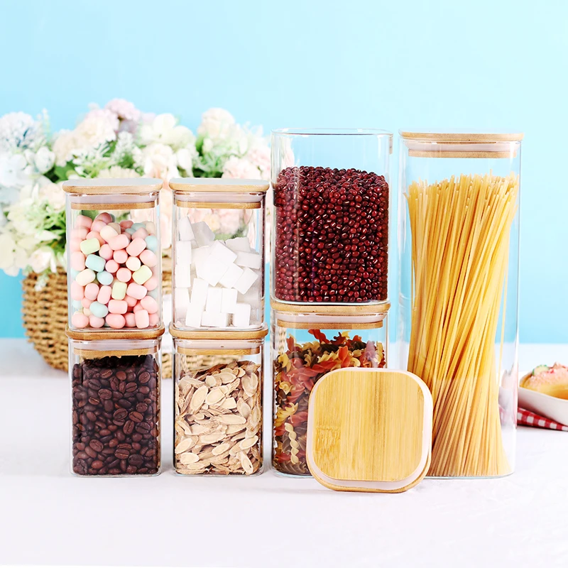 Glass Storage Canister with Wooden Lid Set of 7 Square Glass Jars with Bamboo Lids, Glass Food Storage Containers for Pasta
