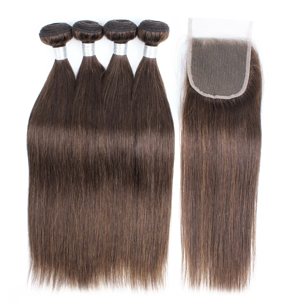 Dark Brown Color 4 Brazilian Human Hair  Bundles With Closure