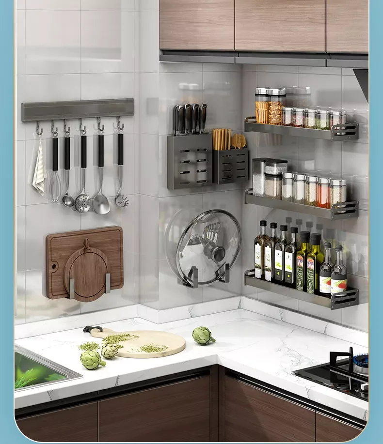 Kitchen Shelving Wall-mounted Hole-free Household Seasoning Supplies Complete Tool Rest Rack Multi-functional Storage Rack