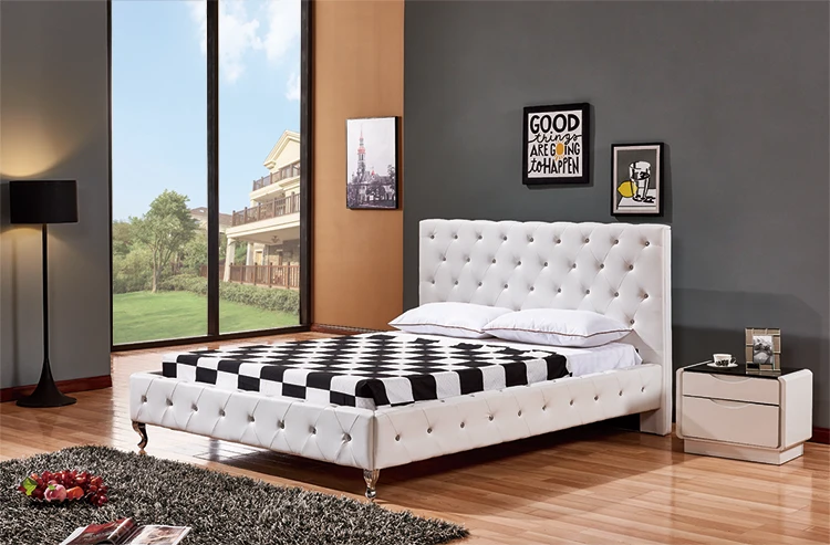 Leather bed with diamond, white color popular design pu bed, king size