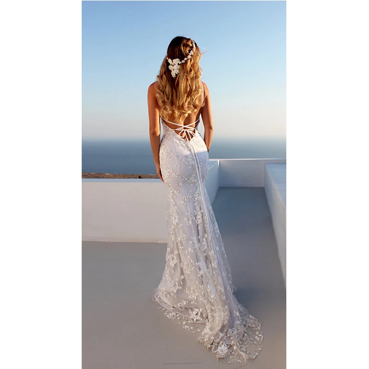 
Floral Embroidery Lace Prom Dress Elegant Floor Length Bridal Gowns Sexy Womens White Wedding Dress 