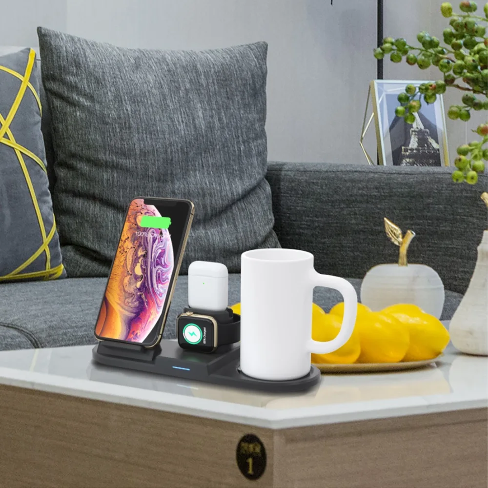 
4 in 1 Fast Qi Wireless Charger And Intelligent Thermostat Warmer Mug Wireless Charging Dock for Smart phone earphones watch 