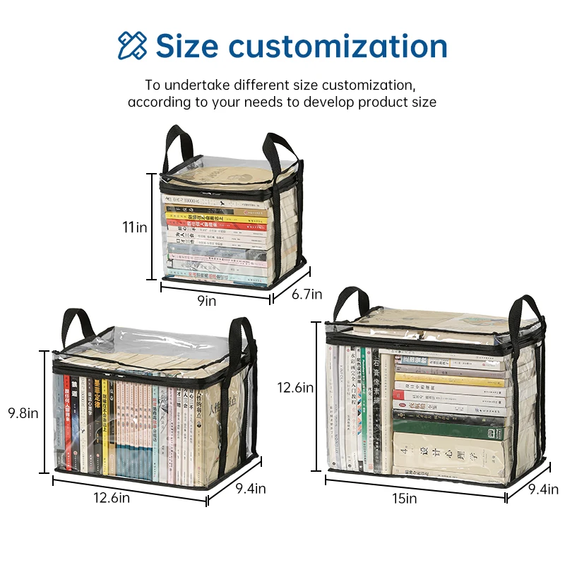 Handle Design Portable Book Storage Bag Dust Cover Custom Logo Storage Bag Organizer for Toys Transparent Cube Bin with Zipper
