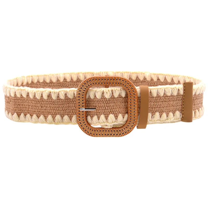 Designer Simple Fashion Straw Elastic Belt Women Accessories Dress Body  Belt wooden Buckle Woven Belt