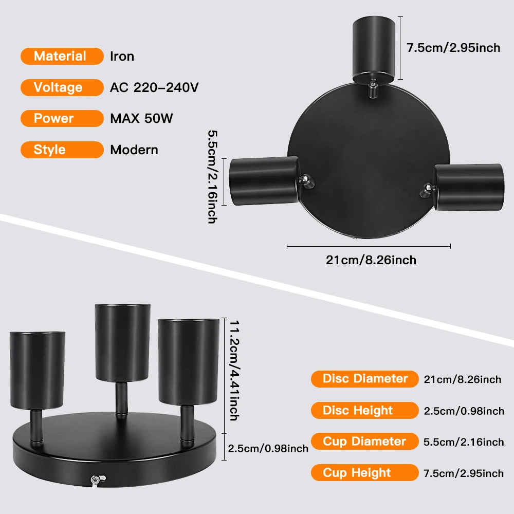 Rotatable 3 Way Black GU10 Spotlight Ceiling Lights Modern Kitchen Lights Ceiling Round Indoor Spot Light Fittings