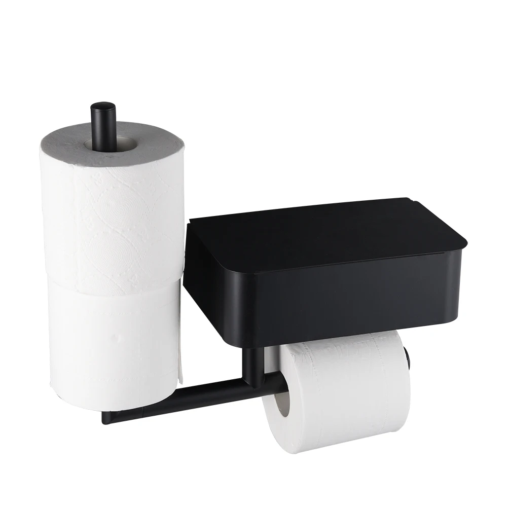 Bathroom black toilet paper roll holder with shelf