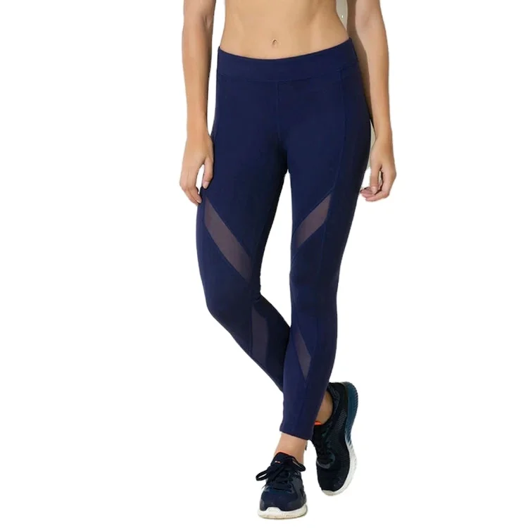 High Quality Sports Wear Customized Tight Butt Lifting Dark Blue Splicing Mesh Tights