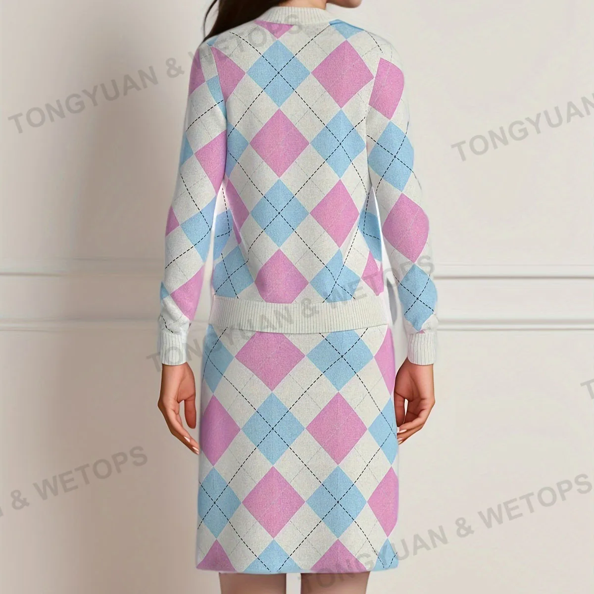 BSCI Custom Knit Sweater Oversized Autumn Winter 2024 New Design Fashion Plaid Greek Sweater Wrap Butt Skirt Suit For Women