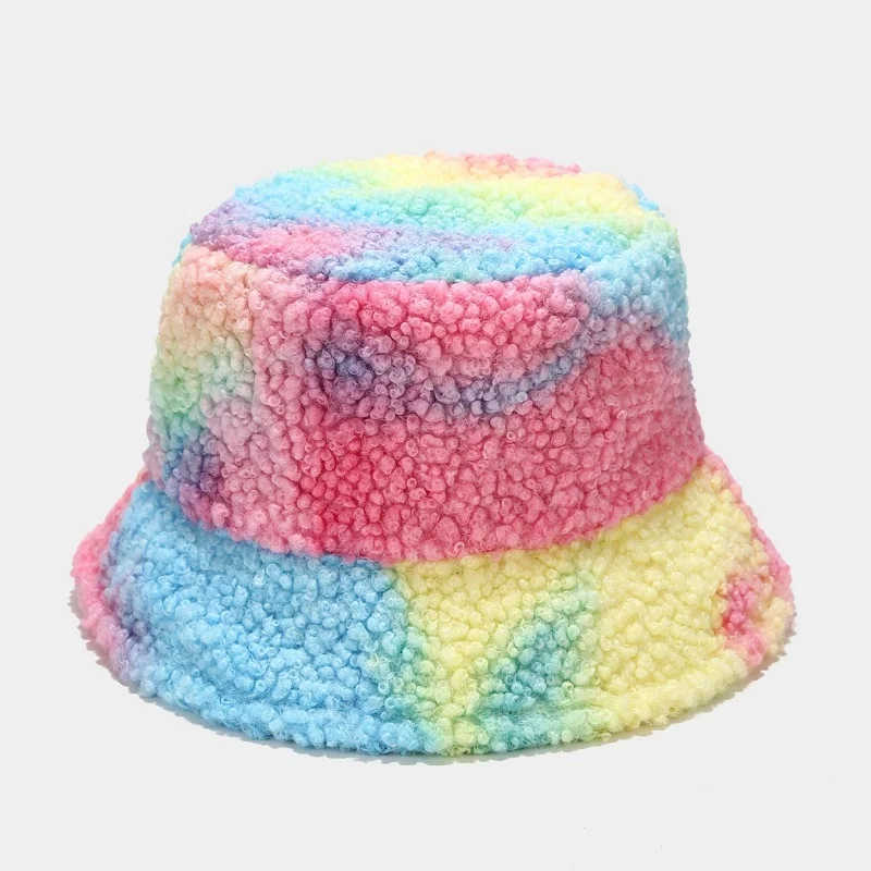 
Wholesale Fashion Tie dye Fisherman Hats Women Autumn Winter Windproof Warm Lamb Feather Hood Bucket Hat 