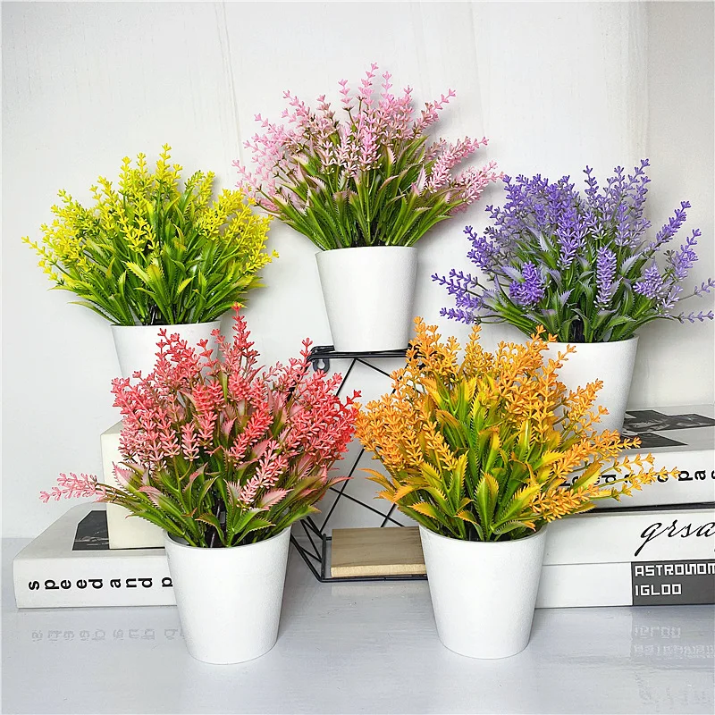 Artificial Potted Flowers Small Faux Plants in White Pot Fake Flower Lavender Plastic Artificial Mini Plants for Home Decor