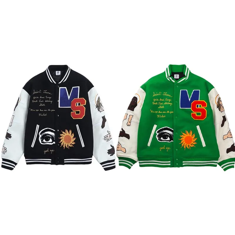 Men women high street hip hop trend embroidery single breasted loose baseball uniform winter warm all match jacket