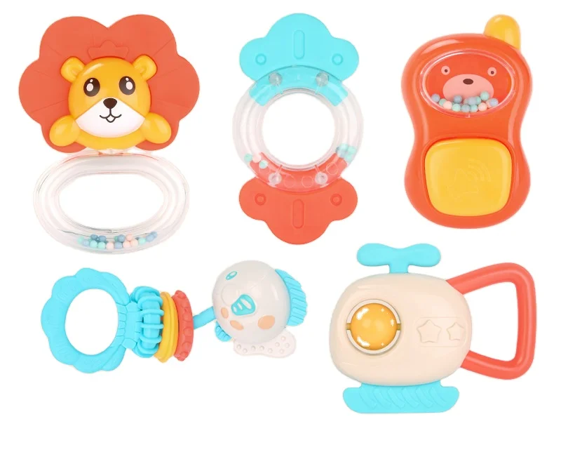  12 kinds of cute different design colorful baby teether ring non-toxic plastic rattle