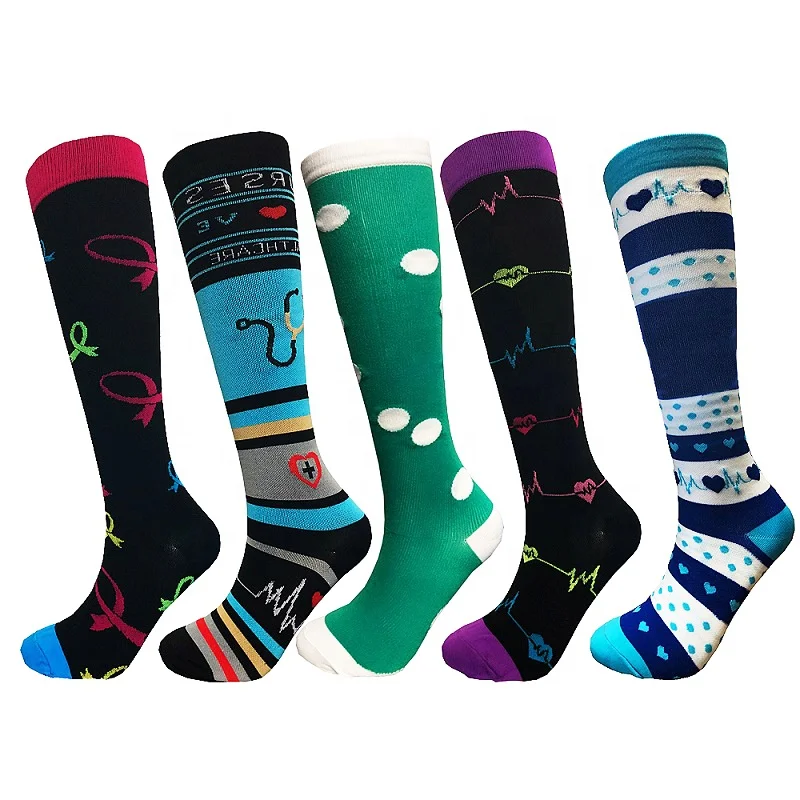 Custom logo fashion colorful nurse compression knee high sports socks 20-30 mmhg compression socks for women
