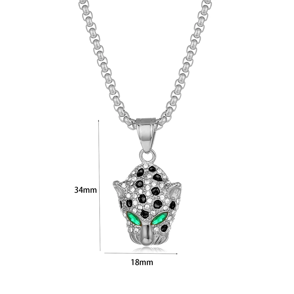 Hip Hop Stainless Steel 18K Gold Plated Bling Leopard Head Pendant Gemstone Eye Panther Pendant Cheetah Necklace For Men (BN048)