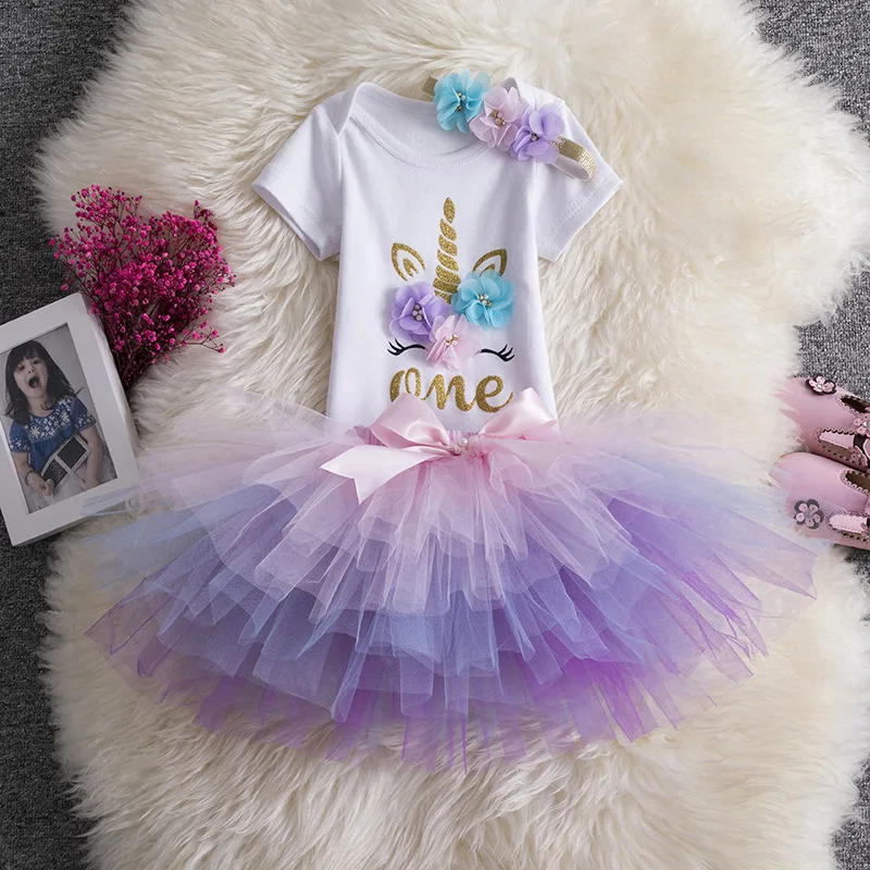Wholesale Flower 1st First Birthday Outfit Boutique Unicorn Tutu Dress 1 Year Baby Girl Birthday Dresses with Headband 3pcs