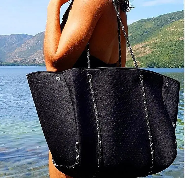 custom made WATERPROOF perforated neoprene tote beach bag with neoprene pouch