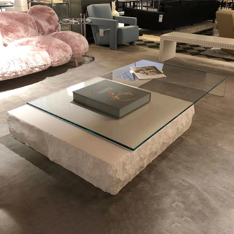 Italian Minimalist Travertine Coffee Table Light Luxury Modern square Living Room Creative Glass Table