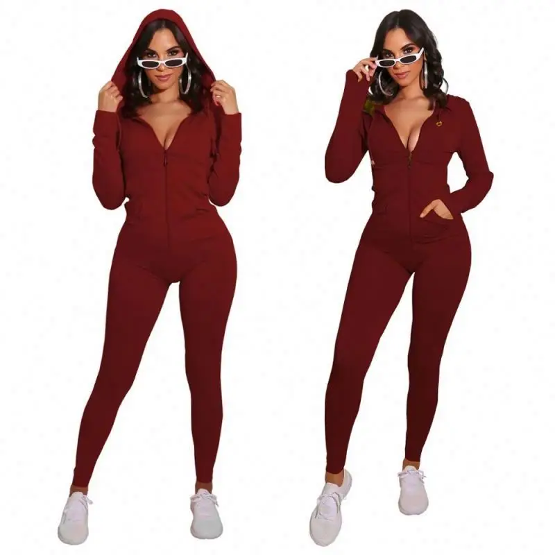 
Зимний комплект из двух предметов 2021, Модный облегающий комбинезон с капюшоном и передней молнией и карманами 