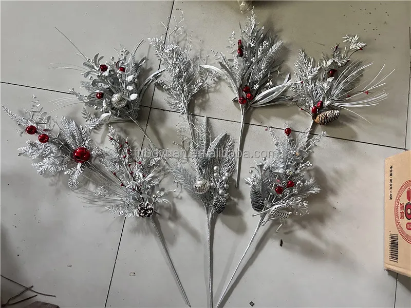 S02517 Christmas floral berry snow pine branch XMAS flower plant artificial christmas tree spray picks for Christmas decorations