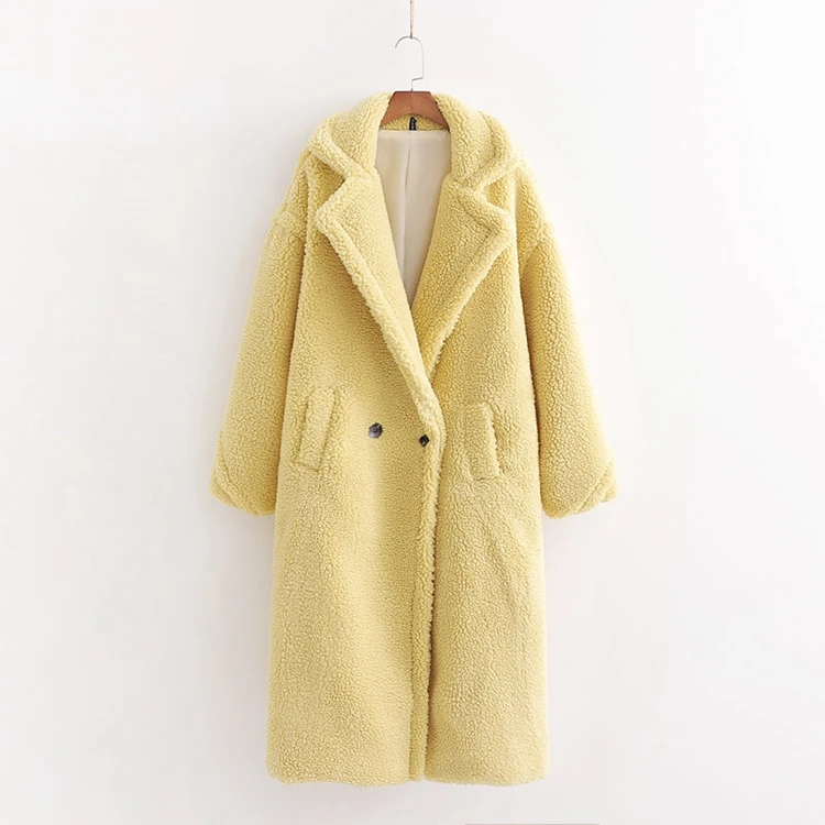 Hot Sale Winter Notched Lapel Wool Long Sleeve Maxi Long Women Faux Fur Teddy Coat