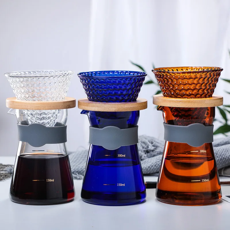300ml colored handblown high borosilicate glass coffee pot with wooden tray filters