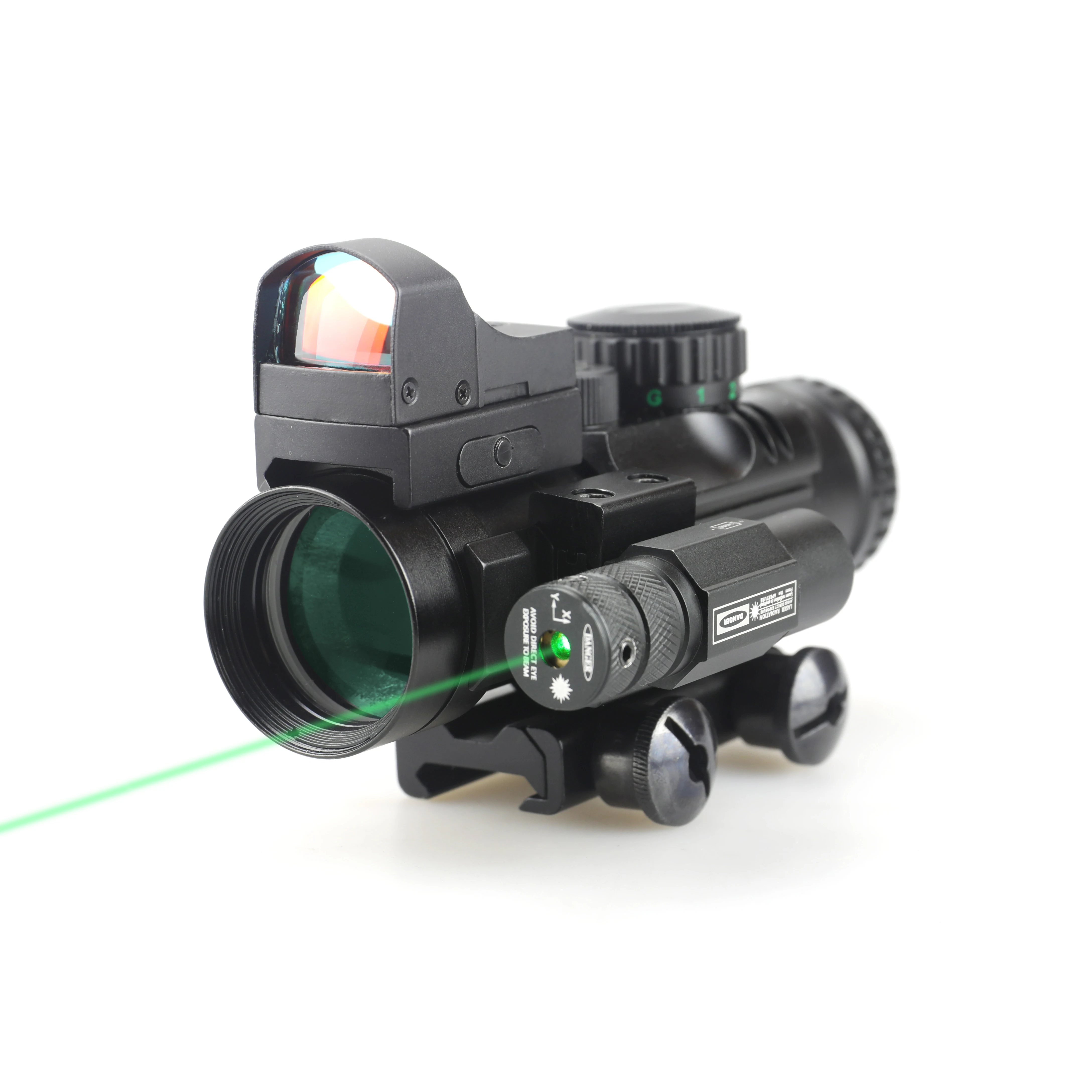 FORESEEN Latest Prismatic 4x32 Prism Scope RGB Illuminated with mini Red Green Dot Sight and Green Laser Combo Series