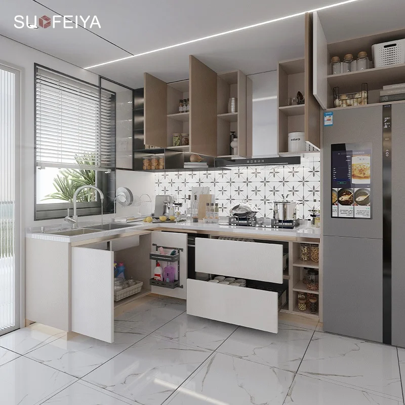 SUOFEIYA Modern French Design Kitchen Wall Cabinet High-End Custom PVC and Wooden MDF Includes Island