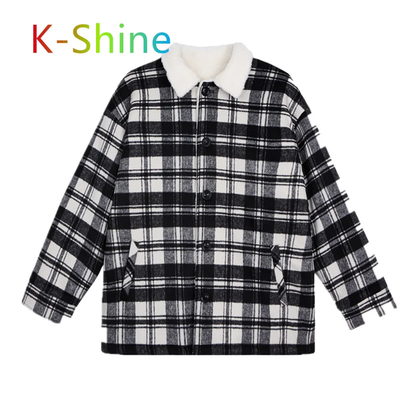 2021Fashion brand plaid pattern lambkin thick cotton jacket jacket long sleeves black and white plaid men autumn winte