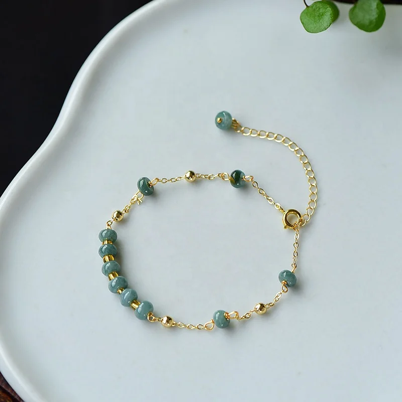 PJ-C306 Natural jade bracelet, gemstone jadeite stone bracelet roundel beaded bracelet 14 K real gold plated