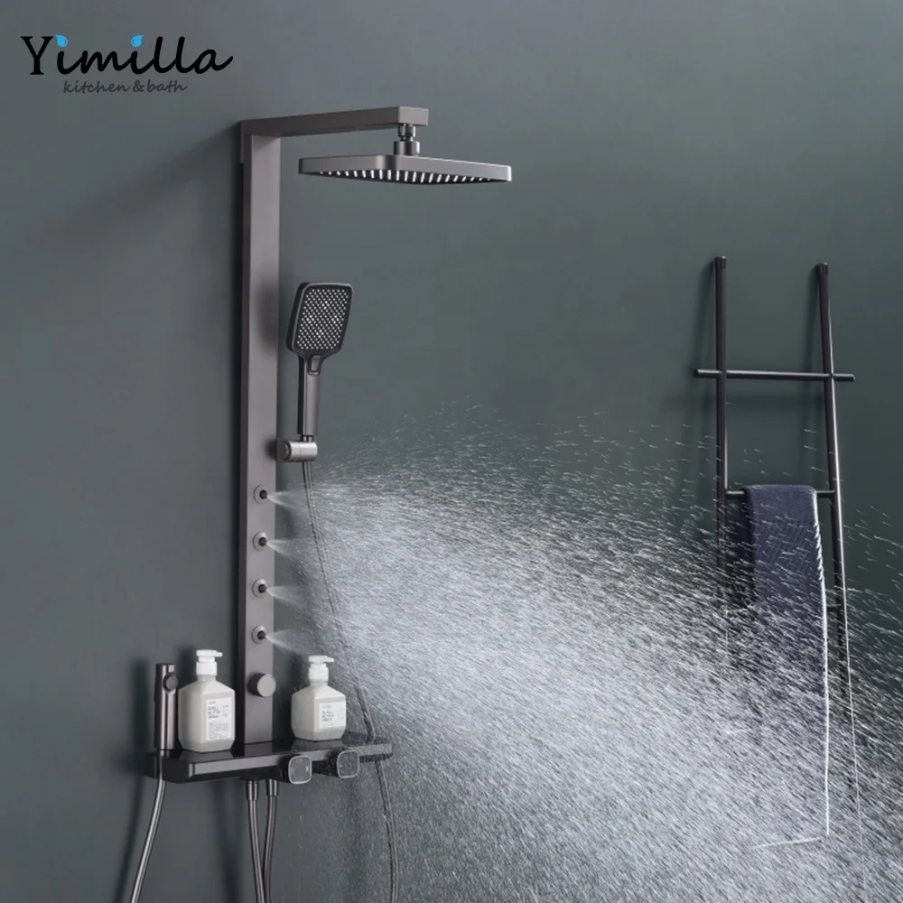 Bathroom multi-function shower set Waist massage shower head gun grey thermostatic shower set with waterfall faucet