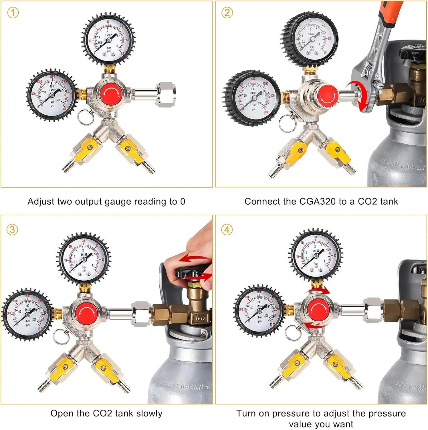 CGA320 Y Type CO2 Regulator,  Adjustable Pressure Regulator with 2 Barbs and Safety Valve for Draft Beer Homebrew