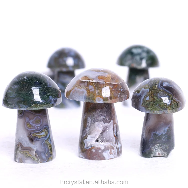 Hot Selling Nature Mushroom Shape Crystal Carved  Moss Agate Mushroom For Decoration