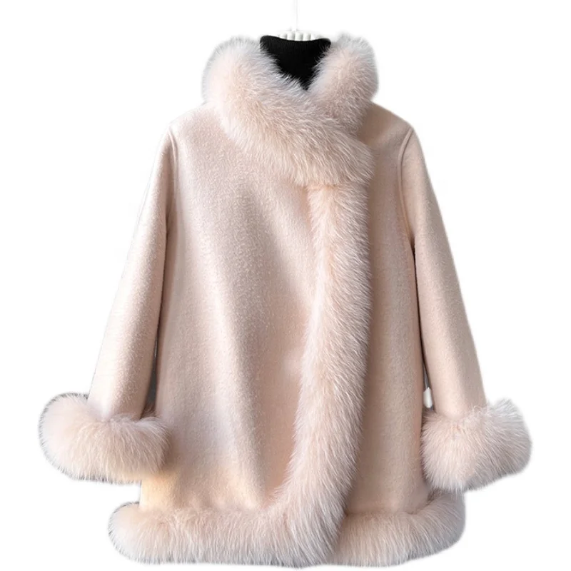 Lady Luxury Wool and Cashmere Warm Jacket With Fox Fur Collar and Cuff Women Winter Overcoat Poncho JT3295