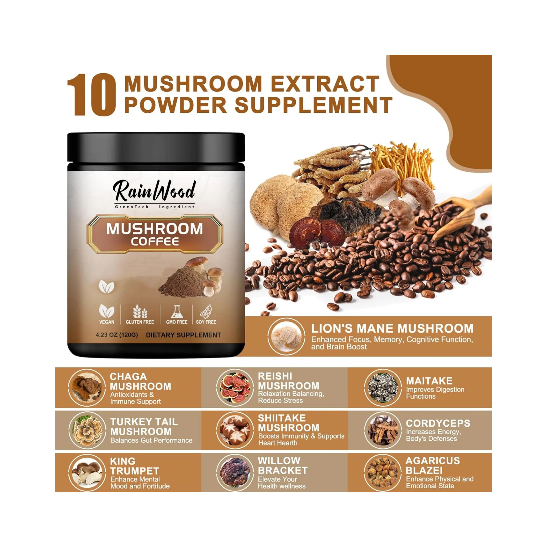 Rainwood Coffee Instant Powder Private Label Reishi Powder Cacao Mushroom Powder