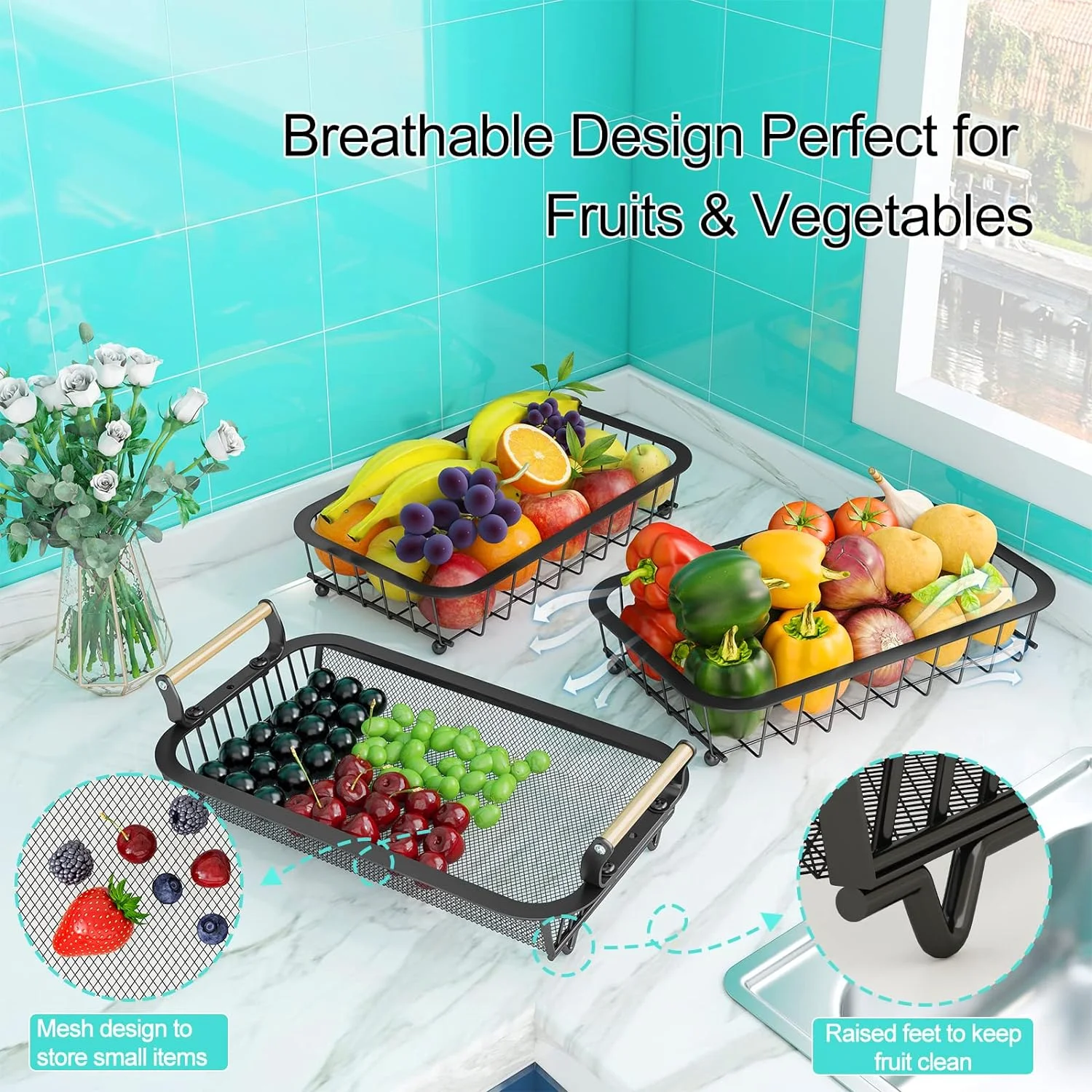 Vegetable Countertop Produce Storage Holder Large Capacity Metal Wire Fruits Stand Organizer for Onion Potato Bread Snack Black