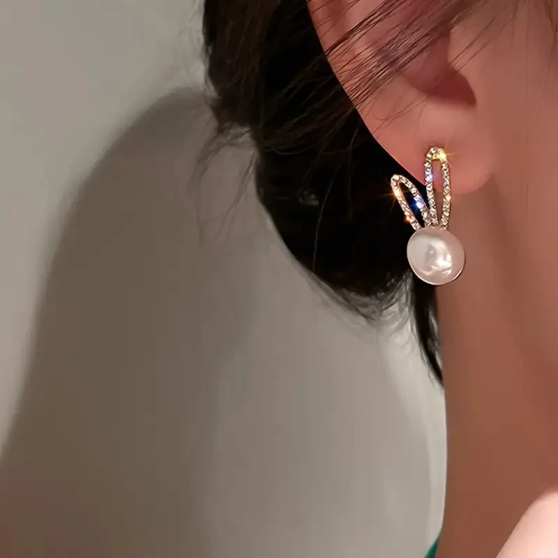 Adorable Rabbit Design Stud Earrings With Faux Pearl Elegant Jewelry Accessories