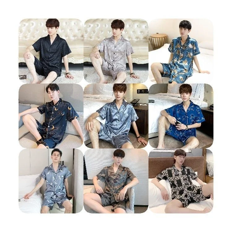 Customized night dress for men 4xl silk satin pajamas men short set summer pijamas men silk sleepwear set