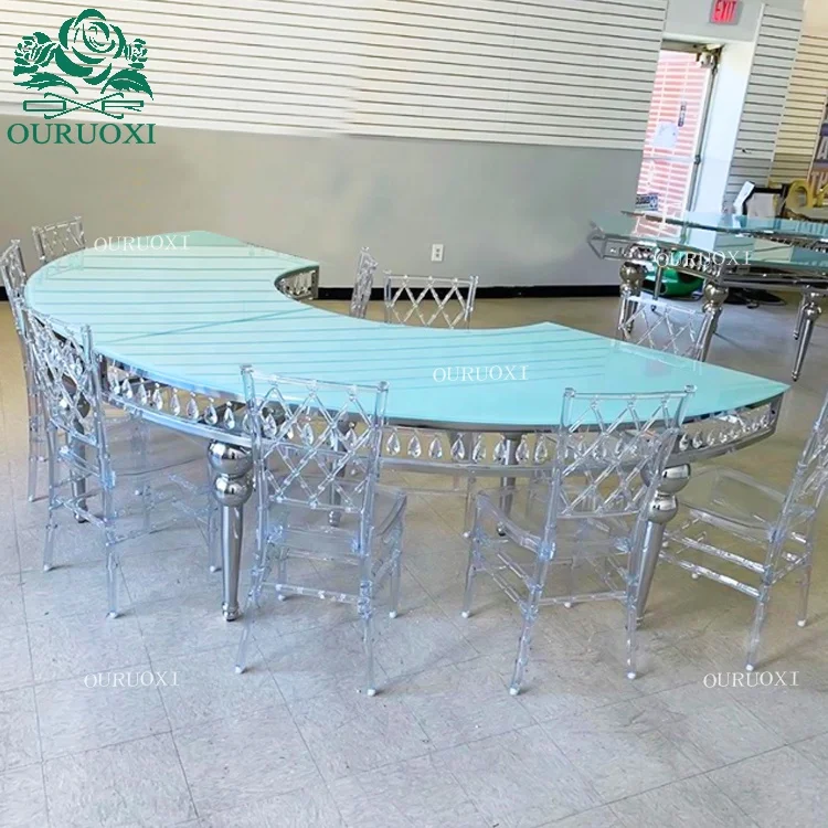 Ouruoxi furniture Silver Metal frame + Glass Dining Wedding Table for Event