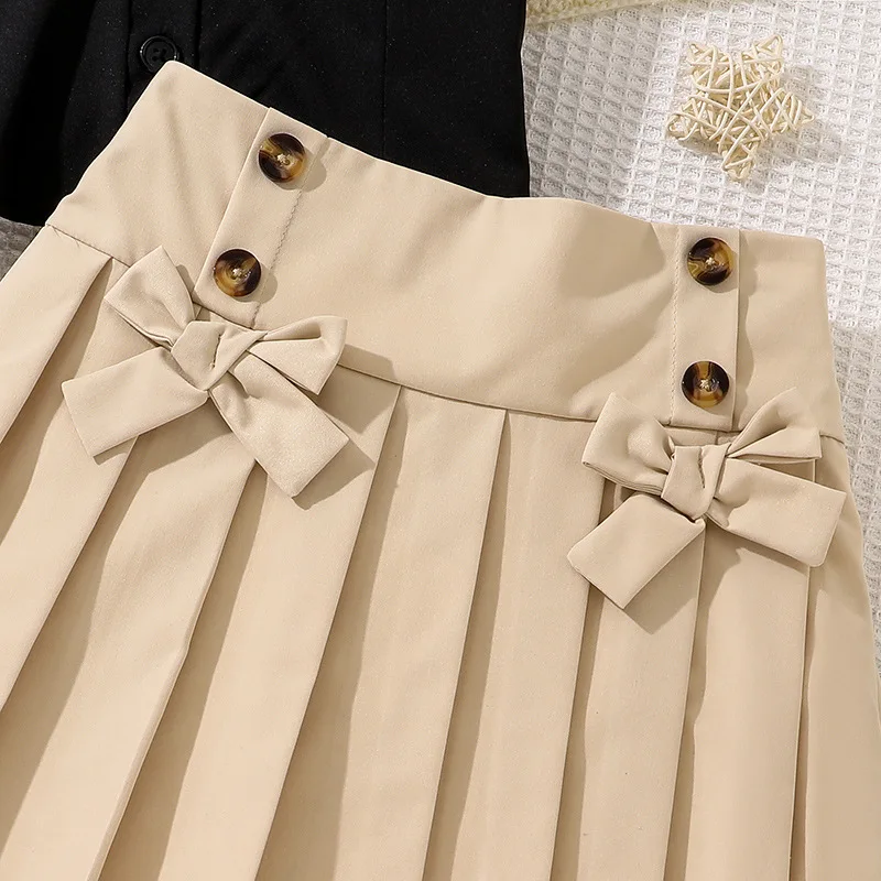 Fashionable Summer Youth ClothingBlack Short Sleeved ShirtPleated Bow Skirt Suitable For Girls Aged 8 To 12