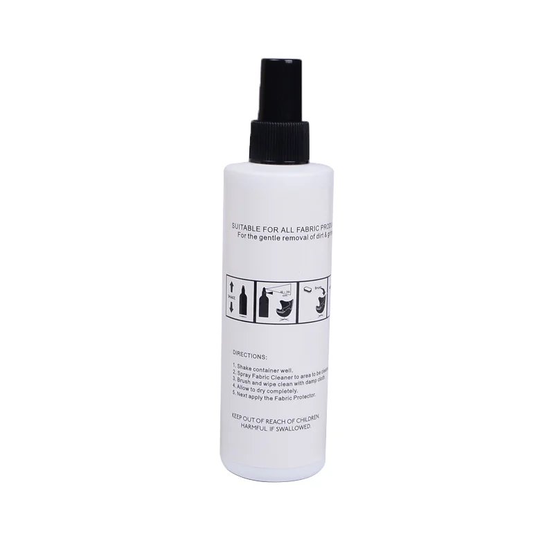 
fabric cleaner,protector with silver label on white bottle for furniture maintenance 
