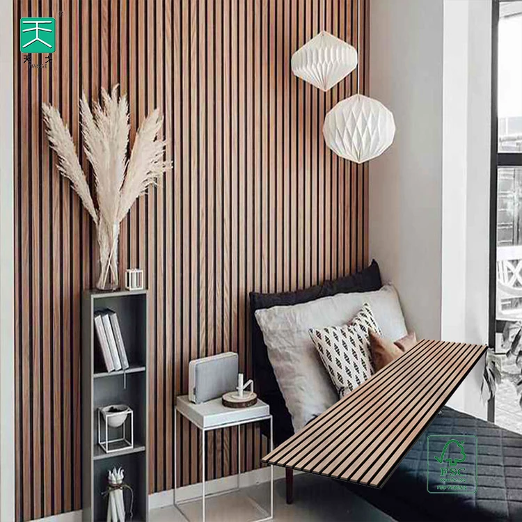 TianGe Wood Veneer Pet Mdf Composite Wall Board square slatted fluted Wooden Acoustic Slat Panel