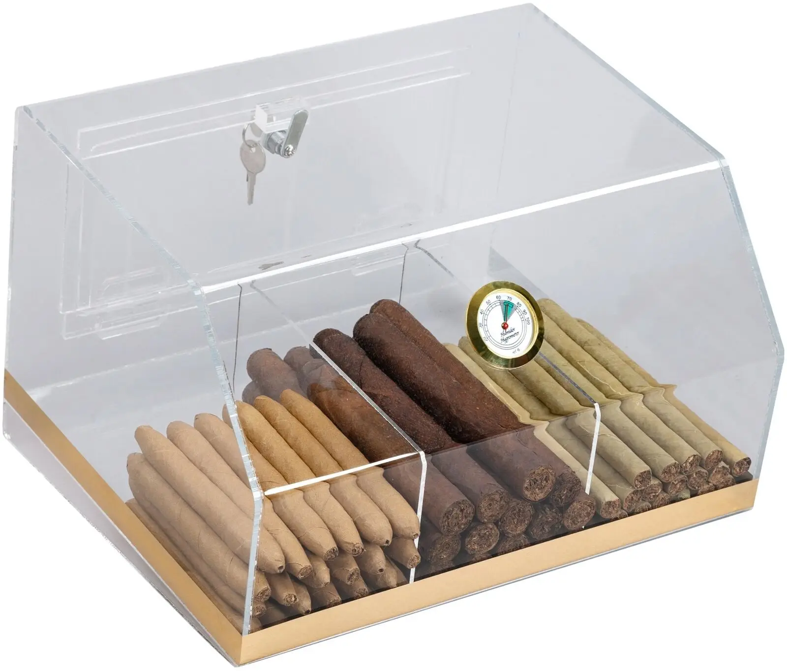 customized storage acrylic trunk with gold metal acrylic cigar box with Humidity detector lucite case