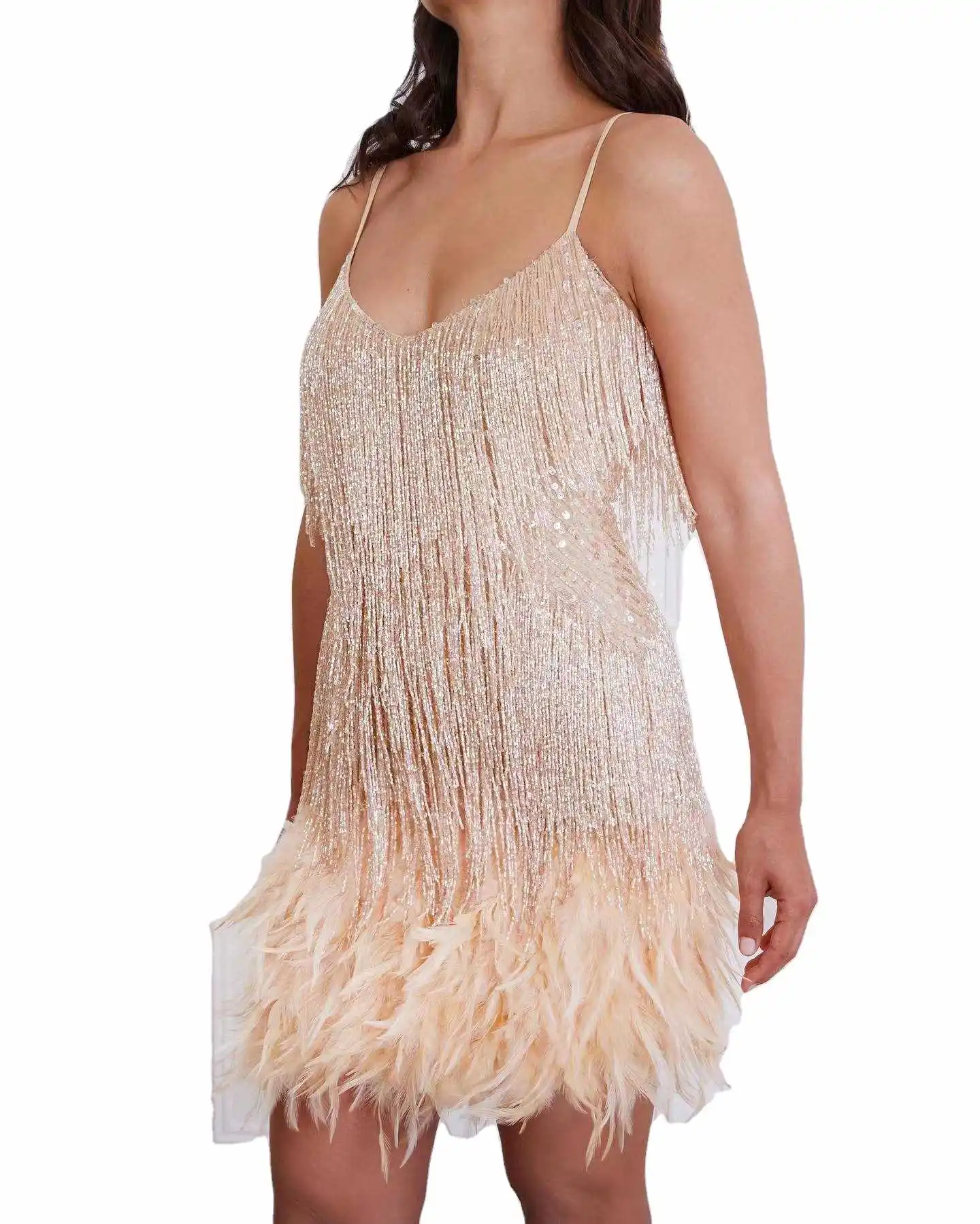 12D69 2023 Woman Clothes Sexy Multicolor Tassel Feathers Spliced Club Sling Dress Women Fashion Streetwear