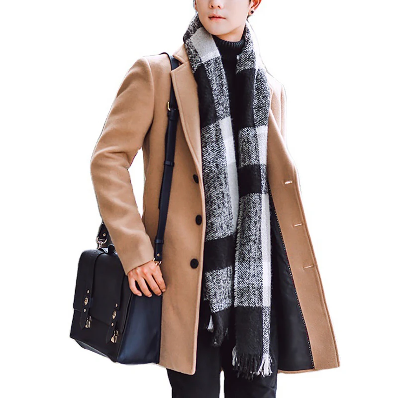 Modern Long Sleeve Quilted Long Autumn Winter Single Breast Long Pea Trench Woolen Coat Solid Big and Tall Outwear