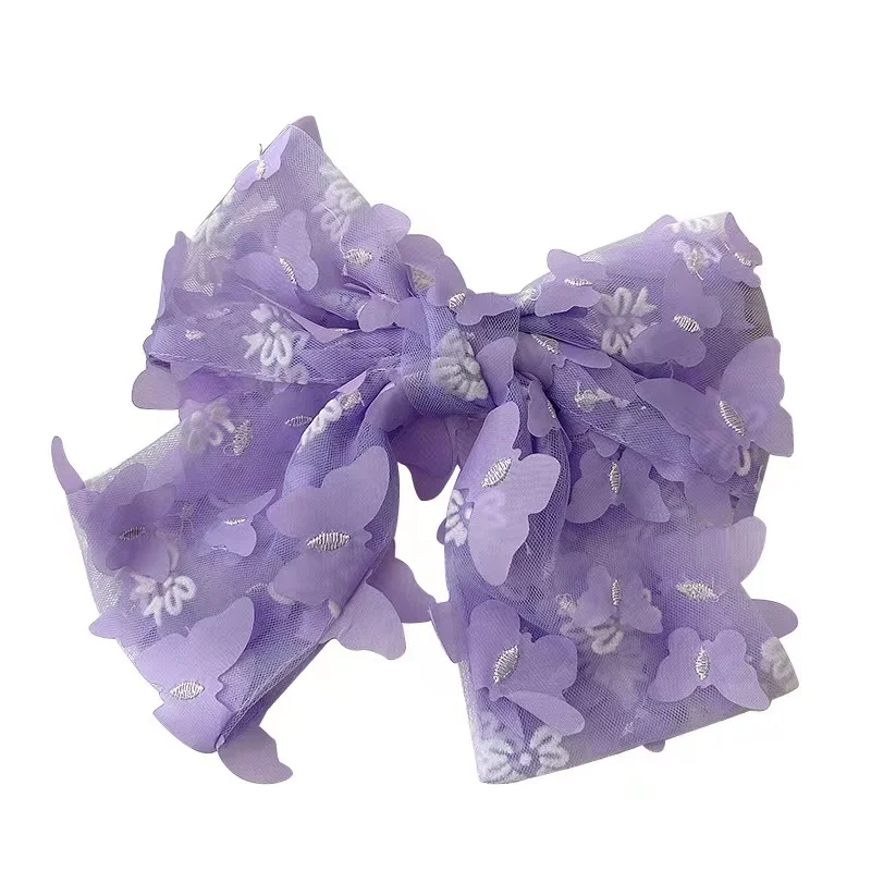 Q&Y Korean INS Spring Summer Girl Solid Color Hairpin Large Double Layer Bow Butterfly Flowers Lace Mesh Barrettes Hair Clip