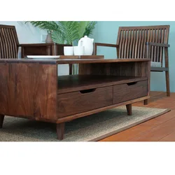 Hot sale Black walnut double-layer tea table four-drawing coffee table square solid wood tea table with drawers