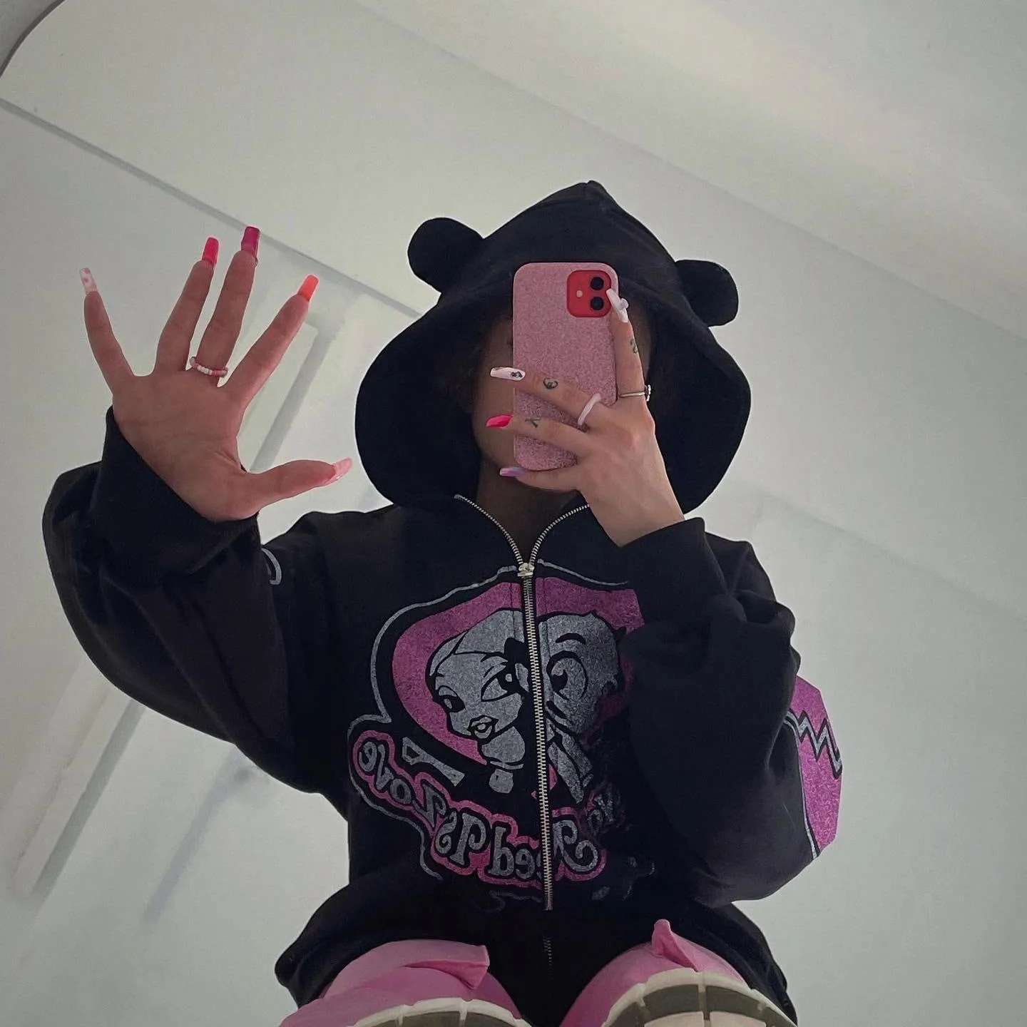 New Cute bear Rhinestone Zip Up Hoodies Women Oversized Sweatshirts Winter Jackets Streetwear Women Crop Hoodie
