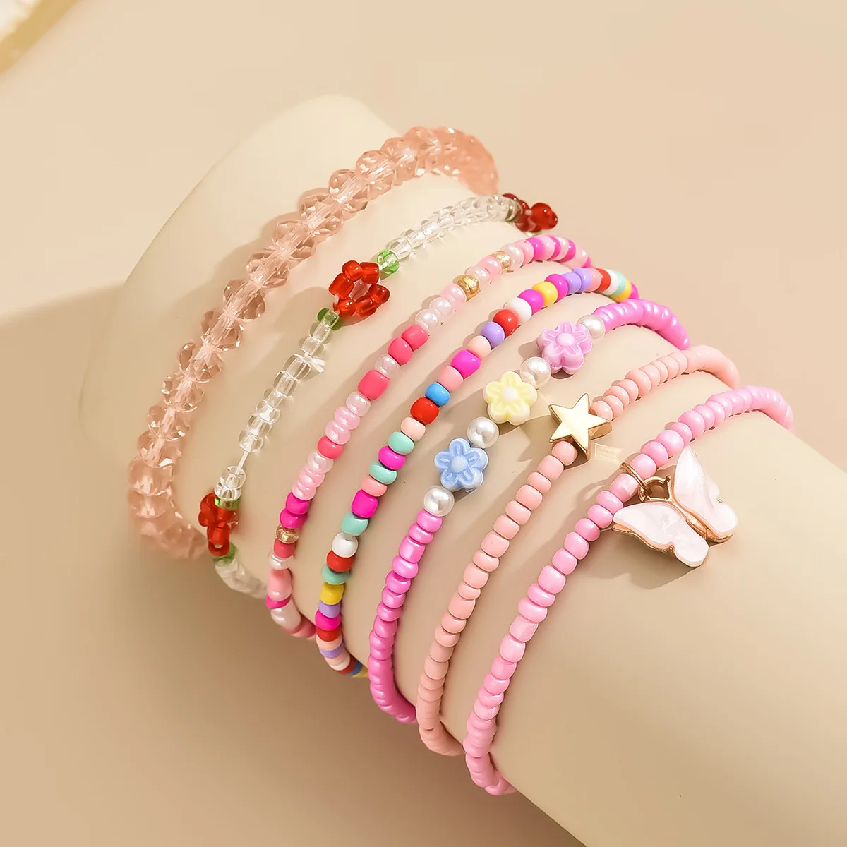 Simple Sweet Pink Beaded Bracelet Small Flower Stars Butterfly Colorful Rice Beads Hand Jewelry