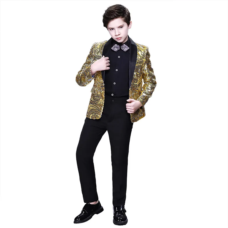 6-16y Gold Sequined Elaborate Kids Clothing Children Wear Plus Size Men Suits Host Piano Performance Flower Boys Tuxido Blazer